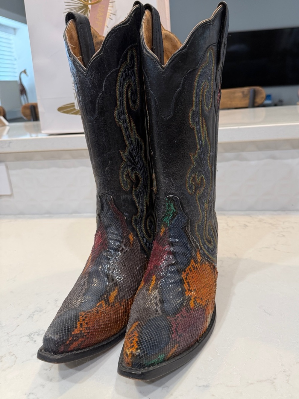 Black Multicolor Snakeskin & Embossed Leather Cowboy Boots sz 9 Snip Toe